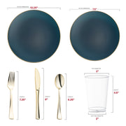 Made from eco-conscious, BPA-free plastic, the Navy with Gold Rim Organic Round Disposable Plastic Wedding Value Set provides a safe, sustainable choice for your celebration