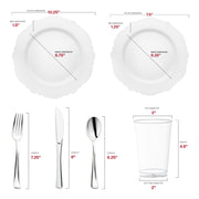 Made from eco-friendly, BPA-free plastic, this White with Silver Rim Round Blossom Disposable Plastic Wedding Value Set offers a safe and sustainable choice for your celebration