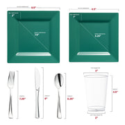 Made from recyclable, BPA-free plastic, the Hunter Green Square Plastic Plates Wedding Set combines safety with sustainability