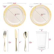 Made from recyclable, BPA-free plastic, the Ivory with Gold Harmony Rim Plastic Wedding Set ensures safe, eco-friendly dining