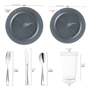 Made from recyclable, BPA-free plastic, the Matte Charcoal Gray Round Disposable Plastic Wedding Value Set with Silver Cutlery provides a safe and eco-friendly choice for your special occasion