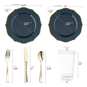 Made from recyclable, BPA-free plastic, this Navy with Gold Rim Round Blossom Disposable Plastic Wedding Value Set is both stylish and eco-conscious, making it the perfect choice for your event