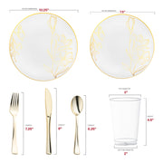 Made from recyclable and BPA-free plastic, the White with Gold Antique Floral Round Disposable Plastic Wedding Value Set offers a sustainable and secure choice for your celebration