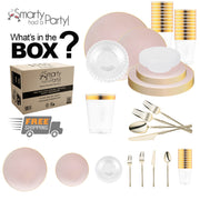Made of recyclable, BPA-free plastic, the Pink with Gold Organic Tableware Set combines elegance with responsible entertaining