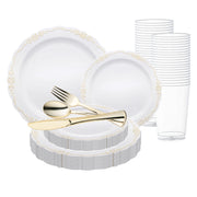 Make your event shine with the White with Gold Vintage Rim Round Disposable Plastic Wedding Value Set, featuring classic vintage details and shimmering gold accents for a luxurious look