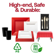 Make your game day luxe with shiny gold utensils and rich colors in this luxury dinnerware set.