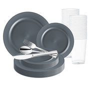 Matte Charcoal Gray Round Disposable Plastic Wedding Value Set with Silver Cutlery, designed for a modern and elegant touch to your table settings, featuring a sleek matte gray finish and stylish silver cutlery