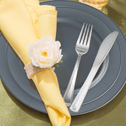 Matte Charcoal Gray Round Disposable Plastic Wedding Value Set with Silver Cutlery includes 120 dinner plates and 120 appetizer plates, providing ample quantity for both large and intimate gatherings