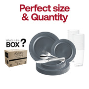 Matte Charcoal Gray Round Disposable Plastic Wedding Value Set with Silver Cutlery includes dinner plate 10", appetizer plate 7.5", fork 7.25", knives 8", spoons 6.25", and cups 4.5" for a complete and stylish dining experience