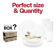 Matte Milk White Round Disposable Plastic Wedding Value Set with gold silverware includes dinner plate 10", appetizer plate 7.5", fork 7.25", knives 8", spoons 6.25", and cups 4.5" for a complete and practical dining experience