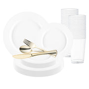Matte Milk White Round Disposable Plastic Wedding Value Set with gold silverware, offering an elegant and sophisticated option for your special event