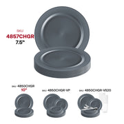 Matte charcoal gray plastic plates with a sleek round design, 7.5-inch diameter, sold in a pack of 120 for parties or catering