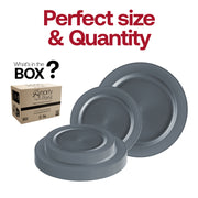 Matte charcoal gray round dinner plate with a 10-inch diameter, perfect for presenting main courses at any event