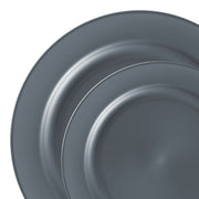 Matte charcoal gray round disposable dinnerware set with dinner plates and salad plates, perfect for sleek and modern table settings