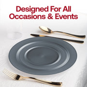Matte gray plates used at a wedding reception, blending minimalism with elegance for a chic celebration
