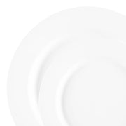 Matte milk white round disposable plastic dinnerware set with dinner plates and salad plates, perfect for elegant and versatile dining setups