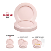 Matte pink disposable round plates, 7.5 inches in diameter, ideal for salads or appetizers