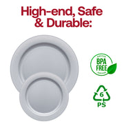 Matte steel gray plastic plates with a sleek round design, 7.5-inch diameter, sold in a pack of 120 for parties or catering