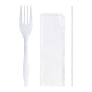Medium Weight Cutlery Kit - Fork, Milk Straw and Napkin keeps cafeteria and catering lines moving fast with hygienic, grab-and-go service