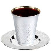 Metallic aluminum-style silver plastic Kiddush cup and saucer set, 5 oz size, ideal for Shabbat and celebrations