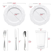 Meticulously crafted from recyclable, BPA-free plastic, this White with Silver Dots Round Blossom Disposable Plastic Wedding Value Set offers an eco-conscious, safe, and stylish solution for your celebration