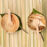Mini round palm leaf bowl with 3.5-inch diameter, 1.25-inch height, and 2.5 oz capacity for small portions