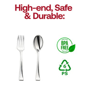 Mini silver disposable plastic flatware, 4-inch size, ideal for tastings, appetizers, and desserts, BPA-free