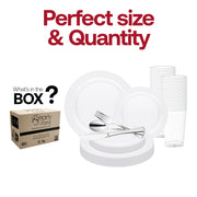 Minimalist clear plastic plate set with transparent round plates and silver-tone utensils, designed for modern weddings and catering