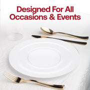 Minimalist dinner plate and salad plate setup with gold cutlery on linen table for modern entertaining