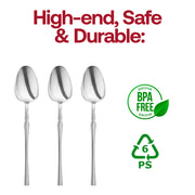 Modern-style shiny silver Moderno plastic dessert spoons, 7 inches, featuring a sleek contemporary look for stylish table settings.