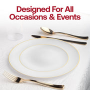 Modern 10.25-inch white disposable dinner plates with a gold rim and organic shape, made of plastic, 120-pack