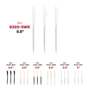 Modern and chic disposable plastic dinner knives in silver with white handles, ideal for formal events and celebrations