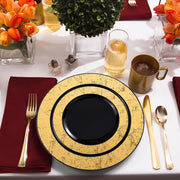 Modern black disposable plates with a gold marble accent around the rim, 7.5-inch round size, 120-pack