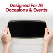 Modern black plastic plates accented with a gold rim, rectangular with flat raised edges, 10.6x5 inches, sold as a set of 120