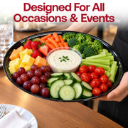 Modern black round party tray in heavy-duty plastic, convenient for self-serve snack stations and dessert displays.