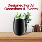 Modern black stemless plastic wine glasses with a silver rim, 12 oz capacity, perfect for upscale events, sold in a 64-pack