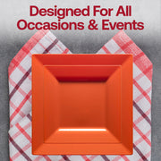Modern burnt orange 6.5-inch square plastic dessert plates, lightweight and disposable, set of 120