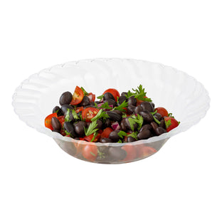Modern clear 5 oz. plastic dessert bowls with a flared rim and 5-inch size, sold in a 180-pack for upscale occasions