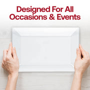 Modern clear plastic rectangular dessert plates, 5.5 x 8.5 inches, sold in a bulk 120-count pack for stylish dining