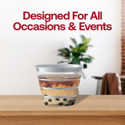 Modern clear plastic round party cups with silver stripes, round and disposable, perfect for events