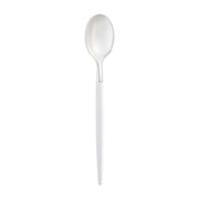 Modern disposable silver dinner spoons featuring sleek white handles, perfect for formal occasions, available in 240-pack