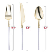 Modern gold plastic cutlery set with white handles, featuring forks 8.4", spoons 8.1", and knives 8.8"
