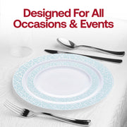 Modern party presentation highlighted by the White with Turquoise Blue and Silver Mosaic Rim Round Plastic Wedding Value Set, ideal for stylish and colorful gatherings