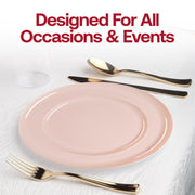Modern pink flat round disposable plates, 8.5-inch diameter, made of durable plastic, ideal for serving appetizers, pack of 120
