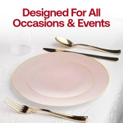 Modern pink plastic dinner plates with gold organic accents, 10.25-inch round size, disposable, 120-pack for events