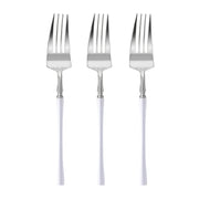 Modern silver disposable forks measuring 8.4 inches, featuring stylish white handles, sold in a bulk pack of 240.
