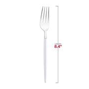 Modern silver disposable forks measuring 8.4 inches, featuring stylish white handles, sold in a bulk pack of 240
