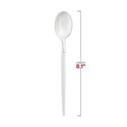 Modern silver disposable spoons measuring 8.1 inches, featuring stylish white handles, sold as 240-count case