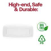 Modern solid clear plastic plates featuring a flat raised edge design and rectangular shape, 10.6x5 inches, 120-pack