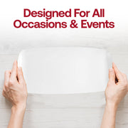 Modern solid white plastic plates with a clean rectangular design and flat raised edges, 10.6x5 inches, sold as a set of 120